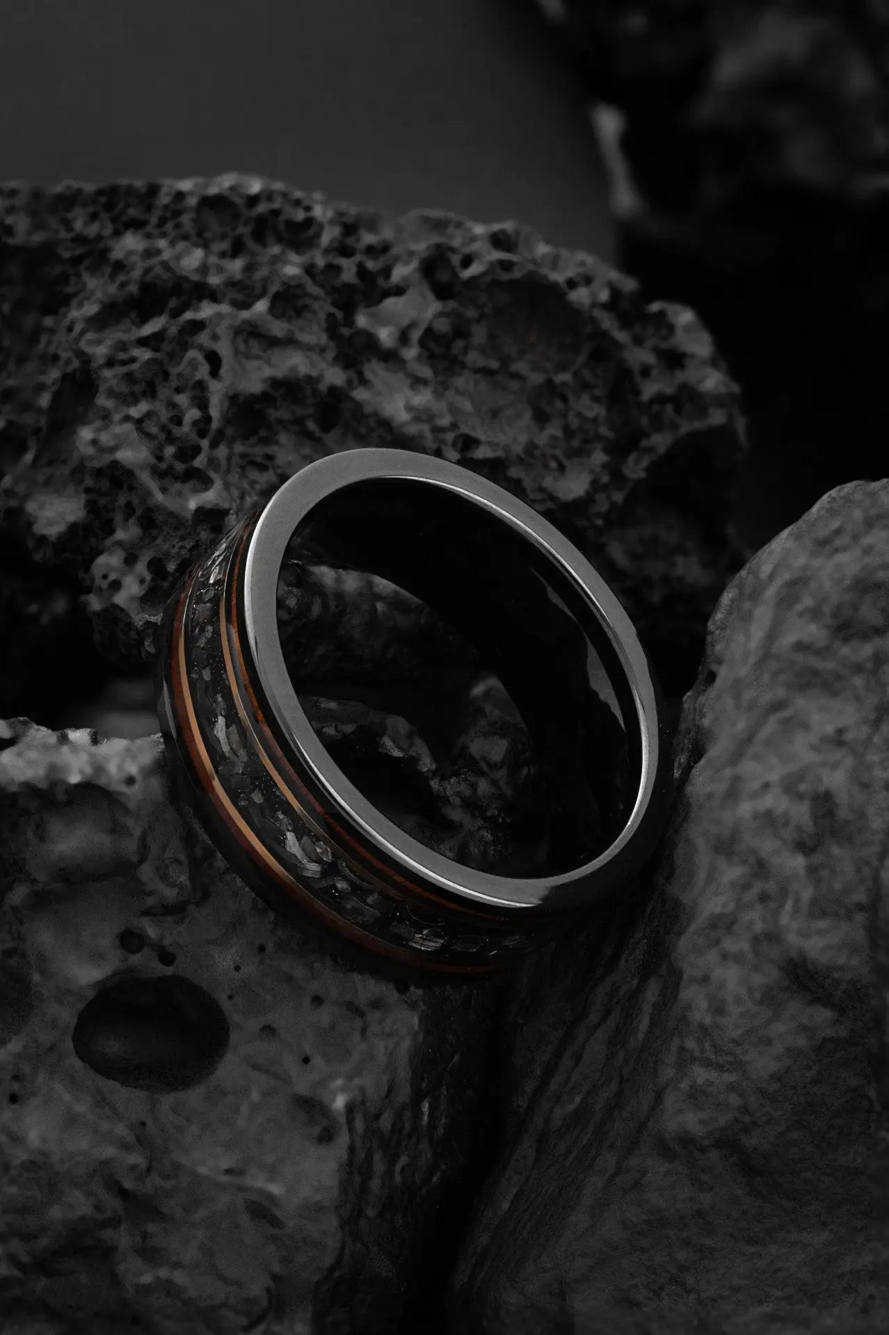 The Draco: Black Tungsten and Meteorite Chunks Regalia Rings