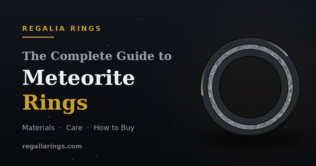 Complete guide to meteorite rings — tungsten ring with etched Widmanstätten meteorite inlay, Regalia Rings 2026 buyer's guide