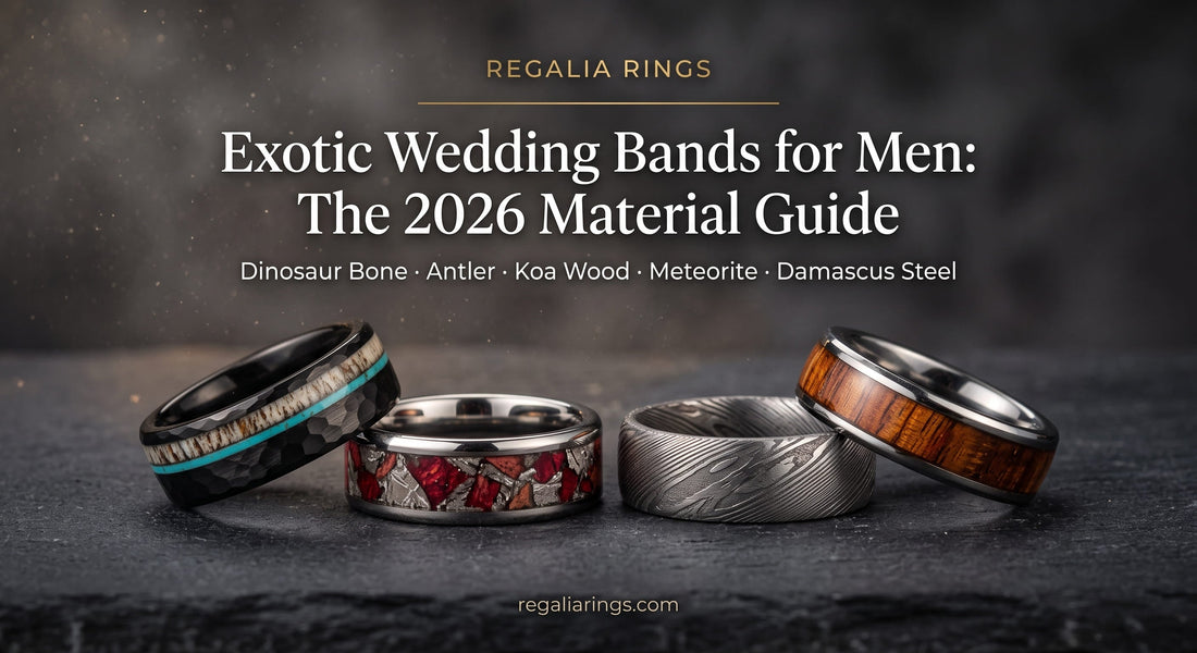 "Best men's wedding bands 2026 guide featuring a tungsten, meteorite, koa wood, and antler ring on a dark background.