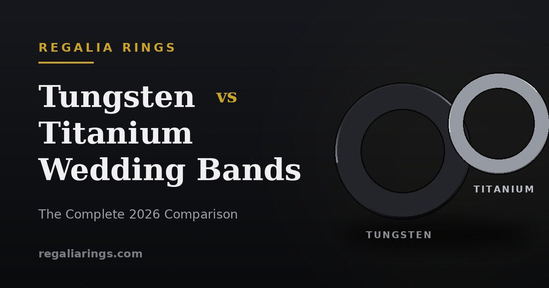 Tungsten vs titanium wedding bands comparison — dark tungsten ring next to lighter silver titanium ring, Regalia Rings 2026 guide
