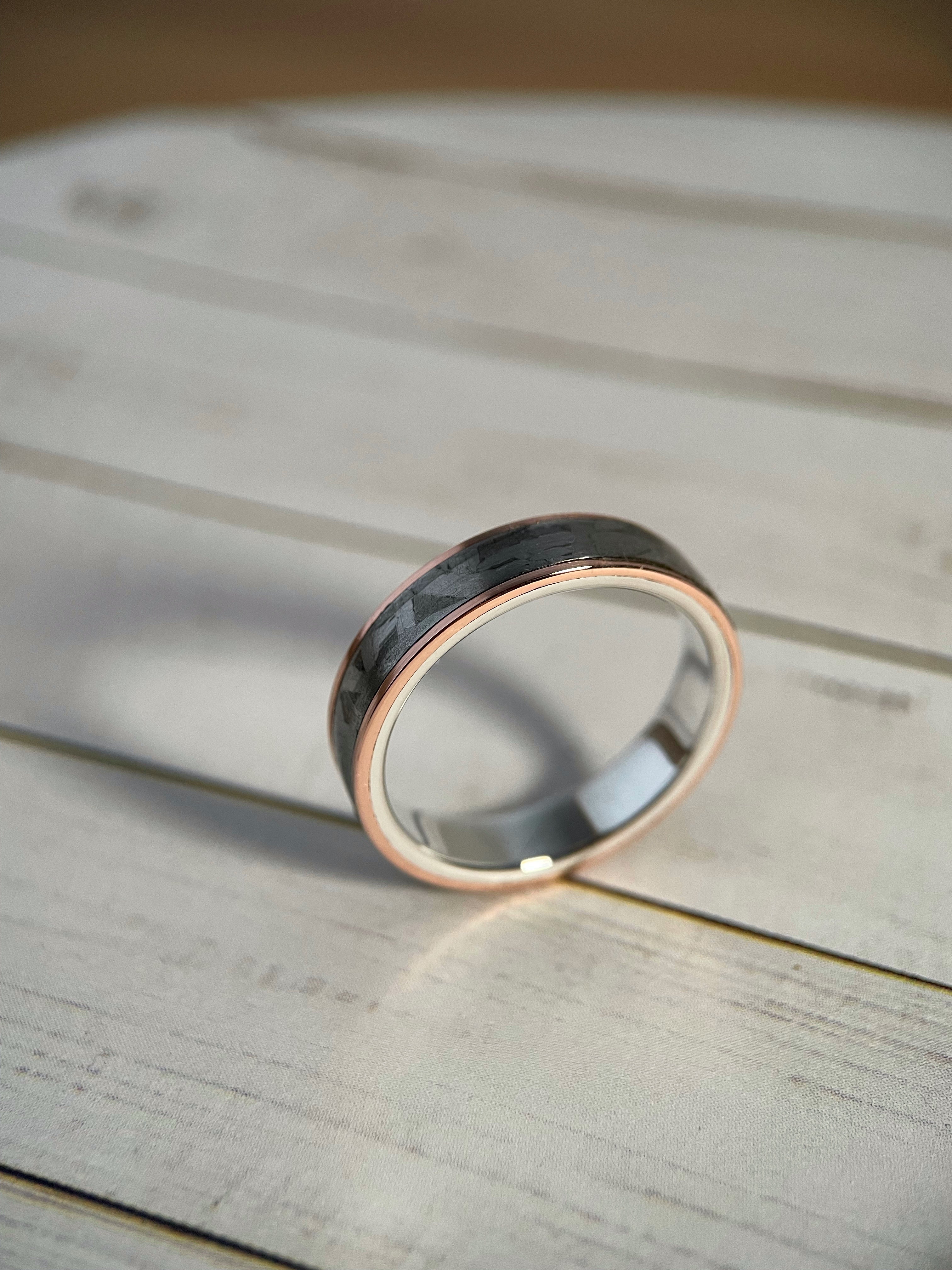 The Cassiopeia: Muonionalusta Meteorite, Sterling Silver, and Tellurium Copper Ring