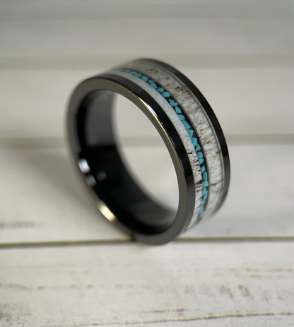 The Artemis : Antler and Turquoise in Black Tungsten Regalia Rings