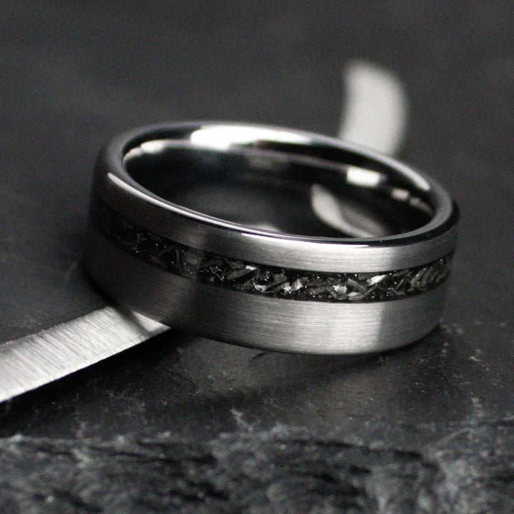 Brushed Tungsten Carbide and meteorite inlay.