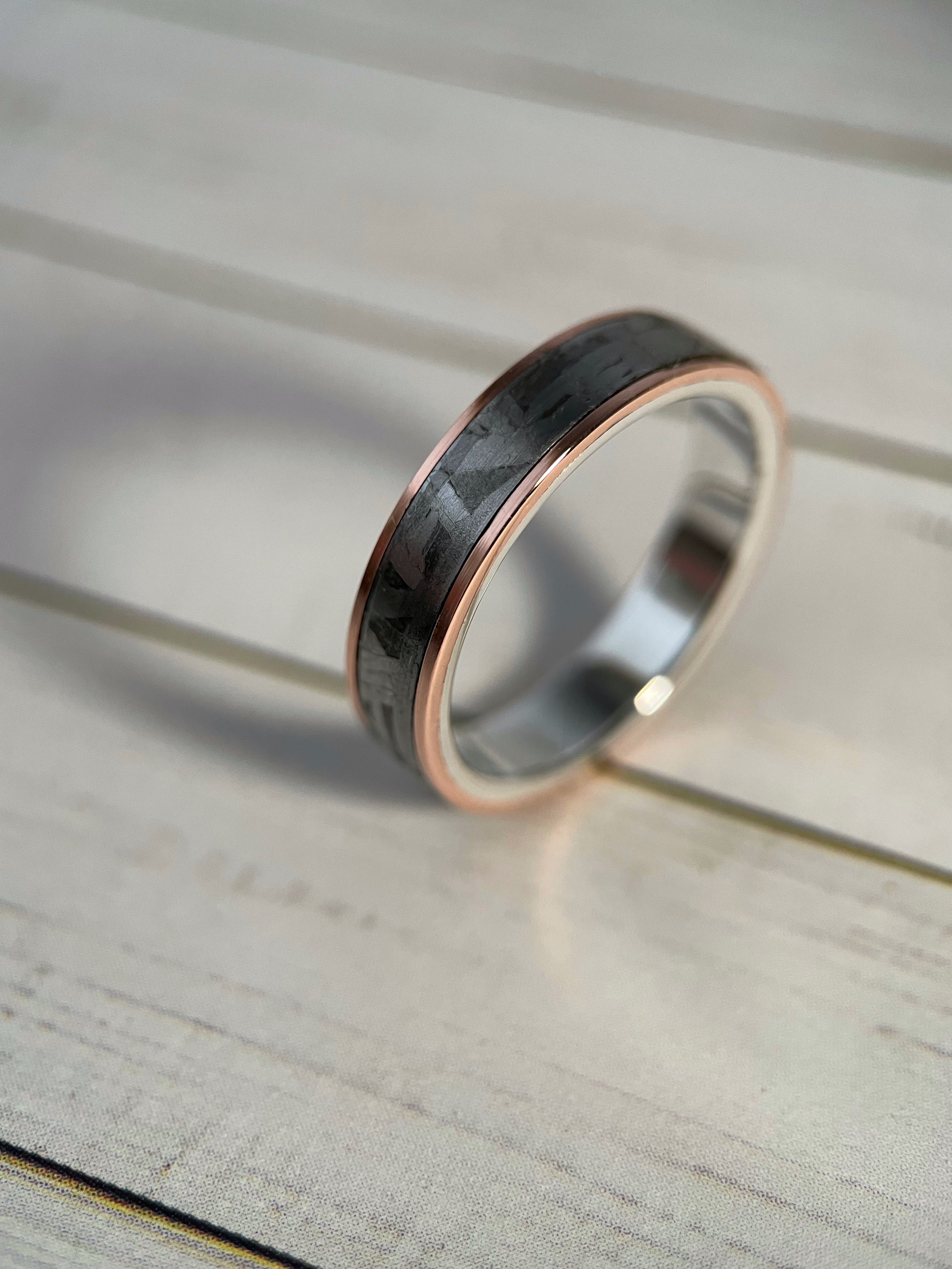 The Cassiopeia: Muonionalusta Meteorite, Sterling Silver, and Tellurium Copper Ring