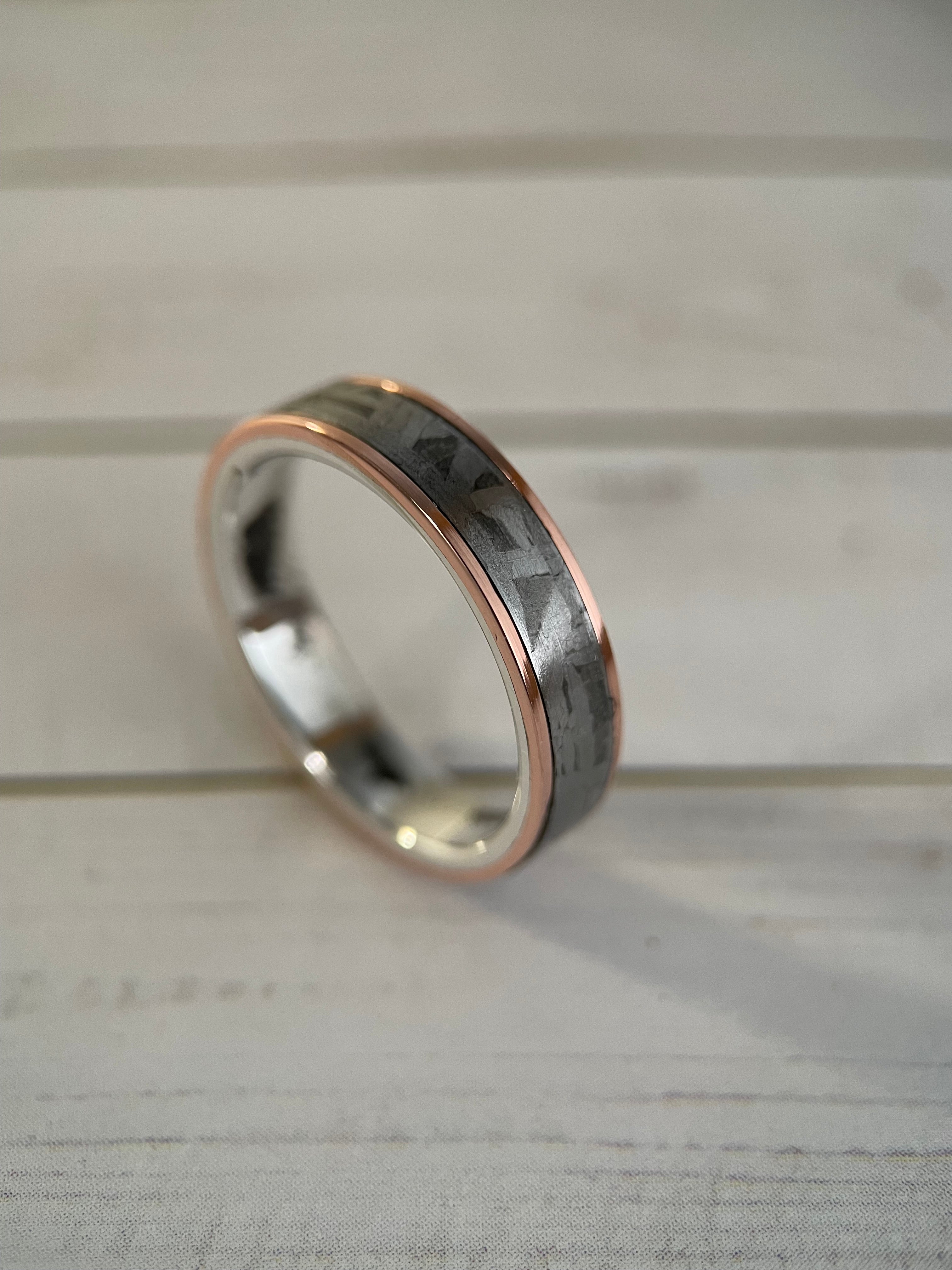 The Cassiopeia: Muonionalusta Meteorite, Sterling Silver, and Tellurium Copper Ring