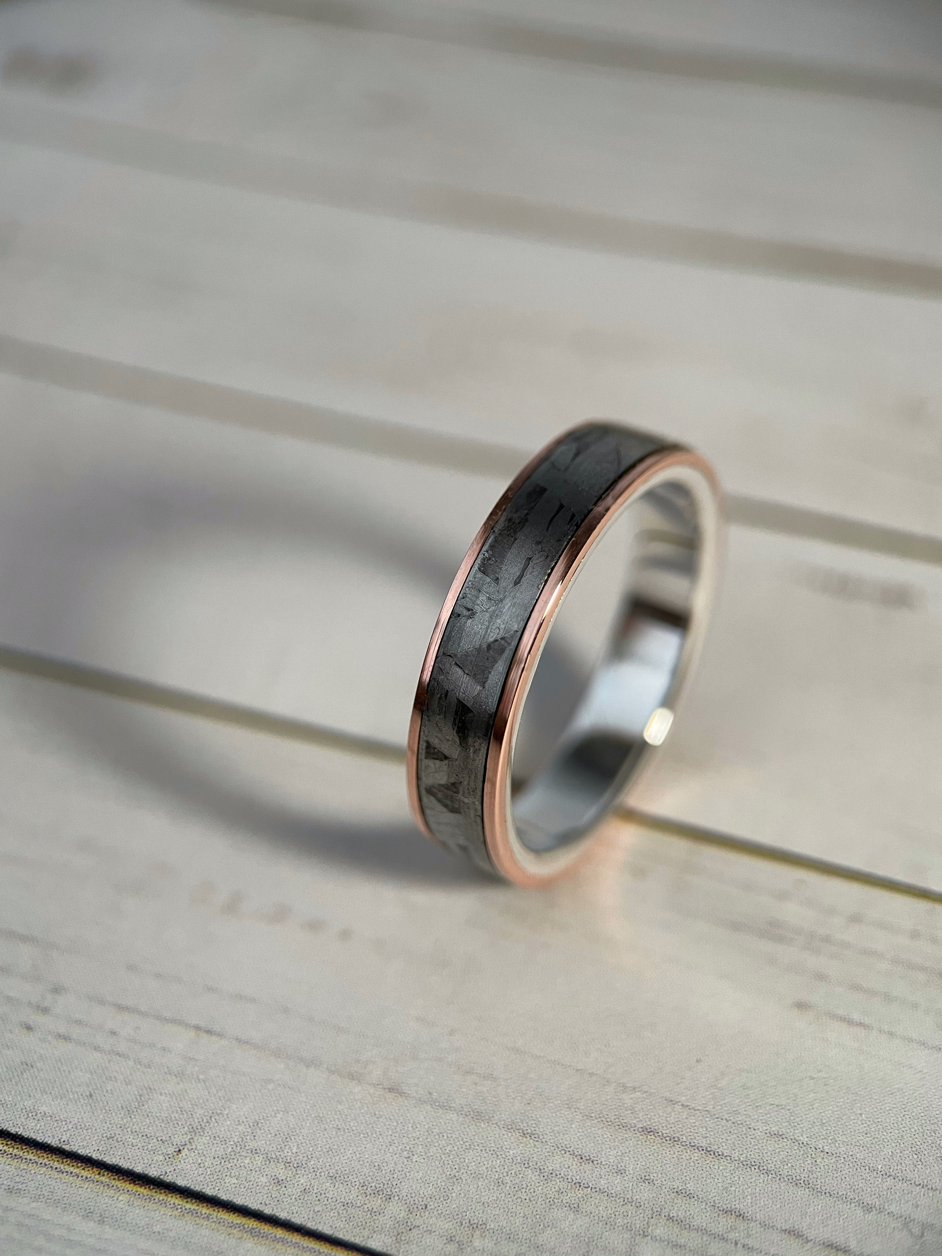 The Cassiopeia: Muonionalusta Meteorite, Sterling Silver, and Tellurium Copper Ring