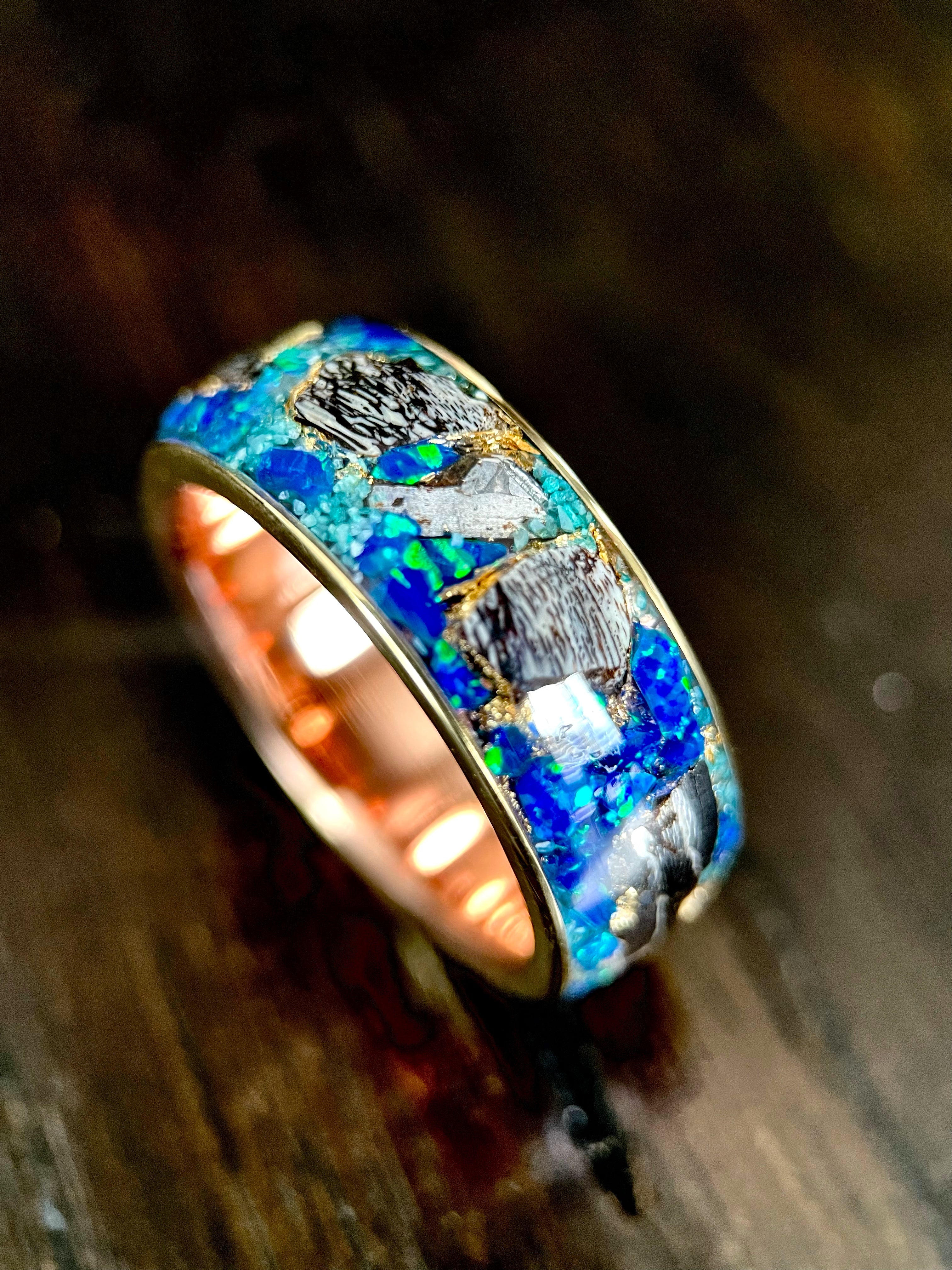 The Glaucus: Meteorite, Opal, and Dino Bone Ring