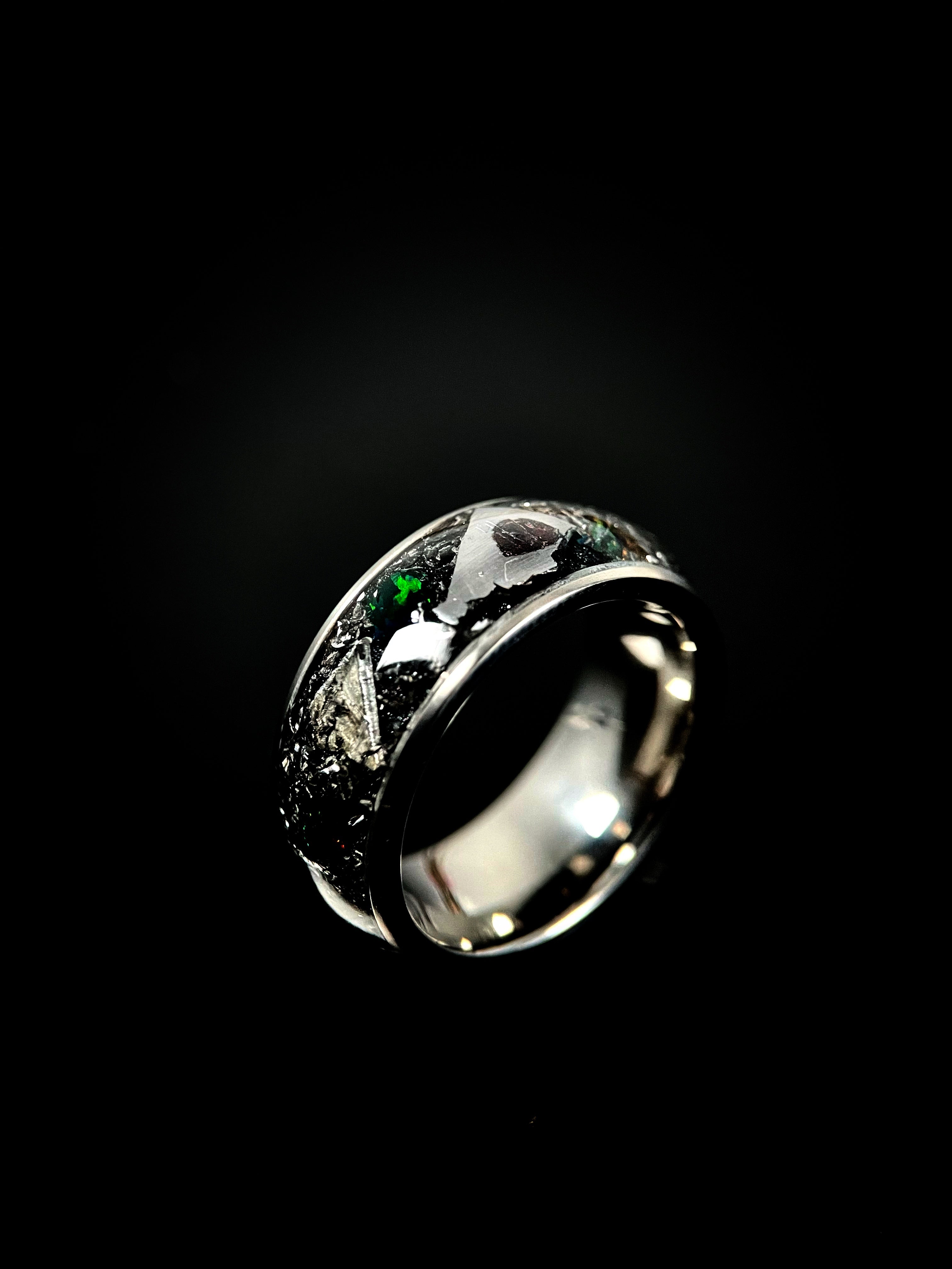 The Boreas: Titanium Ring with Meteorite and Fire Opal