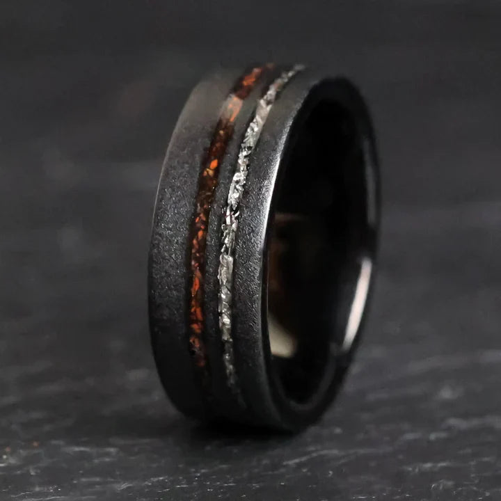 Sandblasted black Tungsten Carbide, Gibeon Meteorite, T-Rex Bone