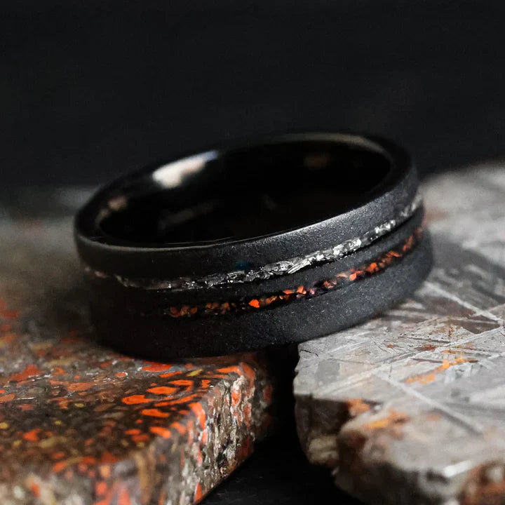 Sandblasted black Tungsten Carbide, Gibeon Meteorite, T-Rex Bone