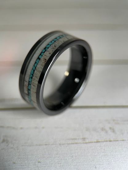 The Artemis : Antler and Turquoise in Black Tungsten Regalia Rings