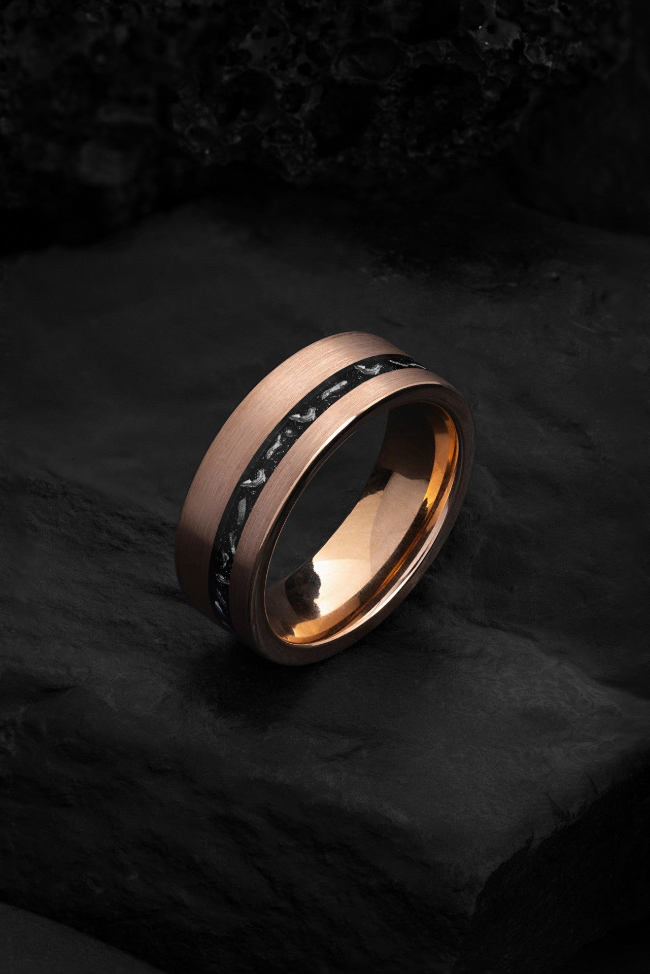 The Ouranos: The Meteorite and Rose Gold Tungsten Ring of Cosmic Wonder