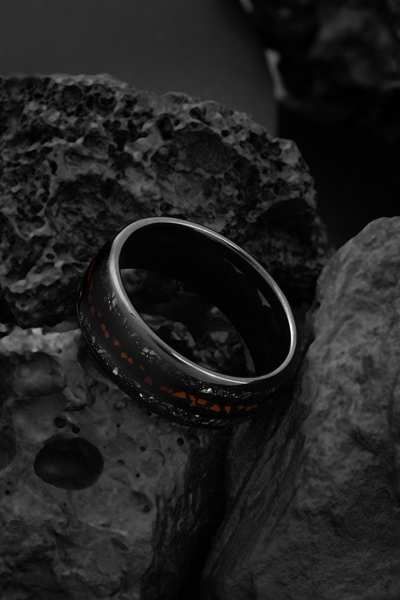 The Fossil Star: Tungsten and Dinosaur Teeth Meteorite Ring