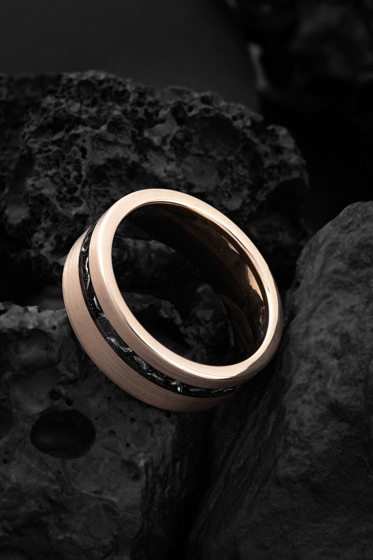 The Ouranos: The Meteorite and Rose Gold Tungsten Ring of Cosmic Wonder