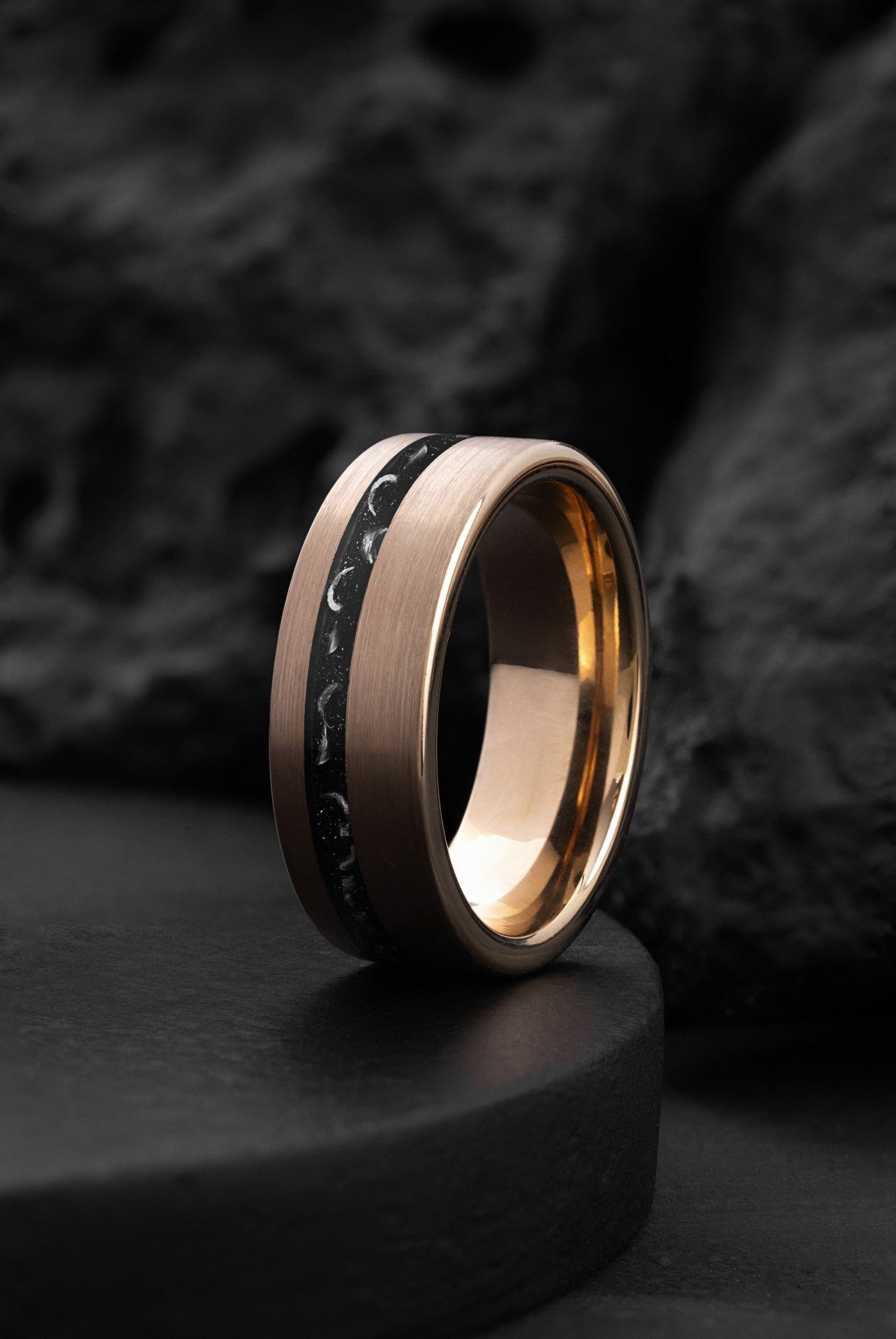 The Ouranos: The Meteorite and Rose Gold Tungsten Ring of Cosmic Wonder