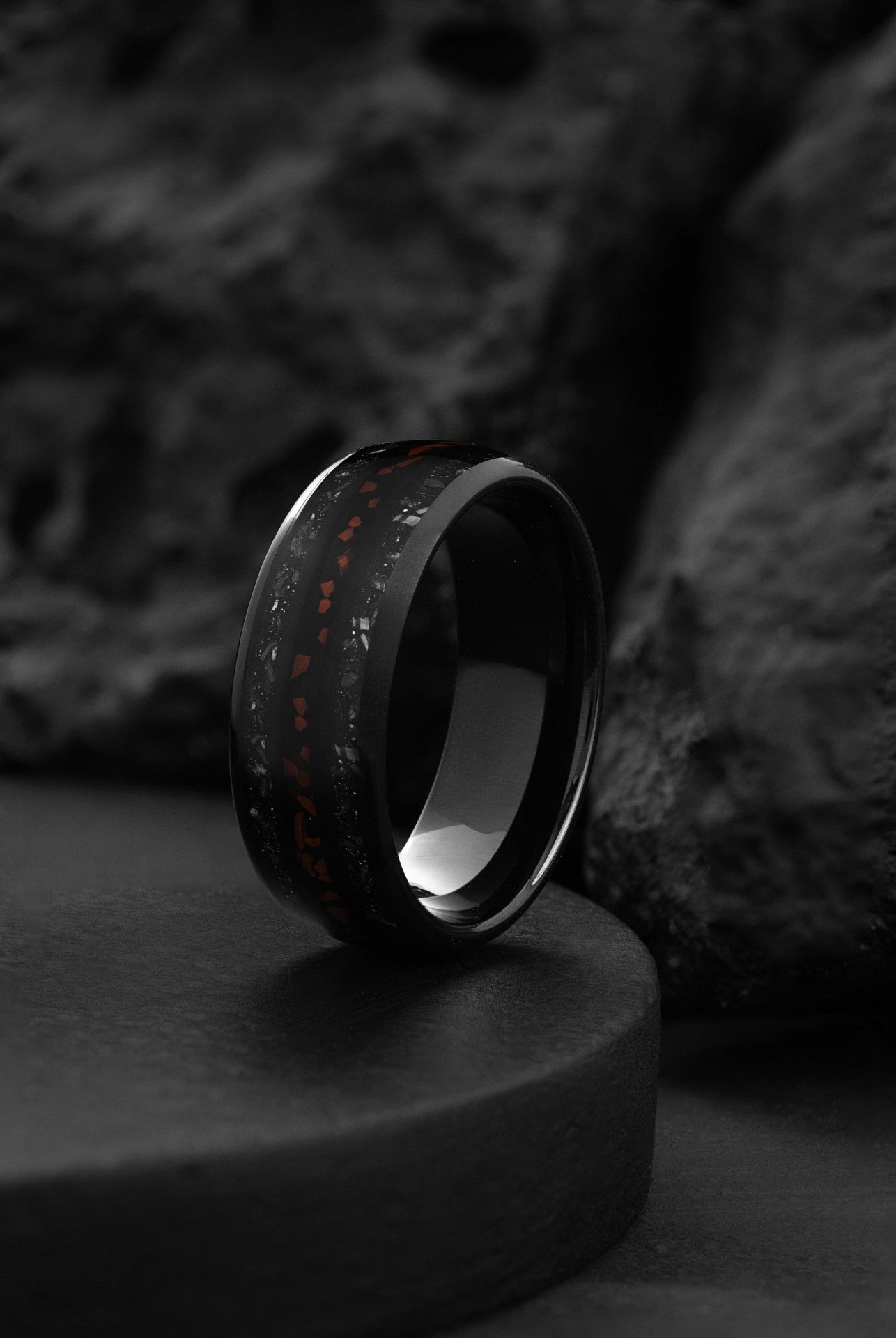 The Fossil Star: Tungsten and Dinosaur Teeth Meteorite Ring