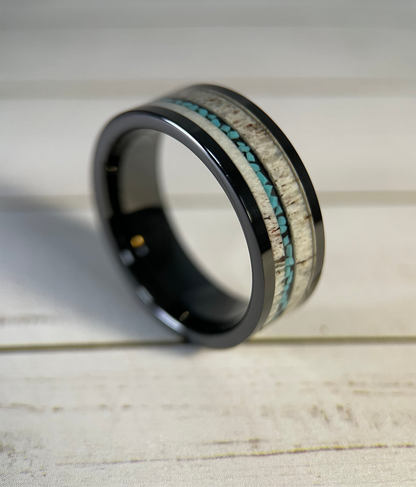 The Artemis : Antler and Turquoise in Black Tungsten Regalia Rings