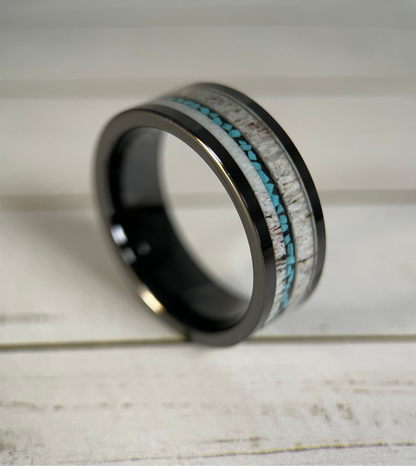 The Artemis : Antler and Turquoise in Black Tungsten Regalia Rings