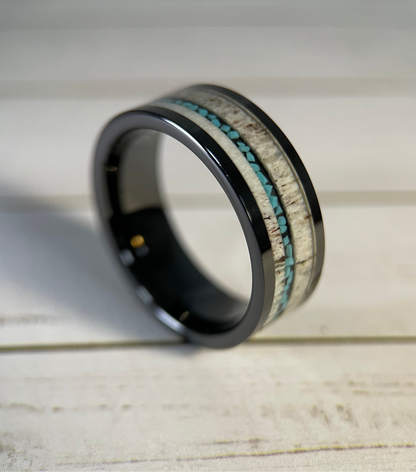 The Artemis : Antler and Turquoise in Black Tungsten Regalia Rings