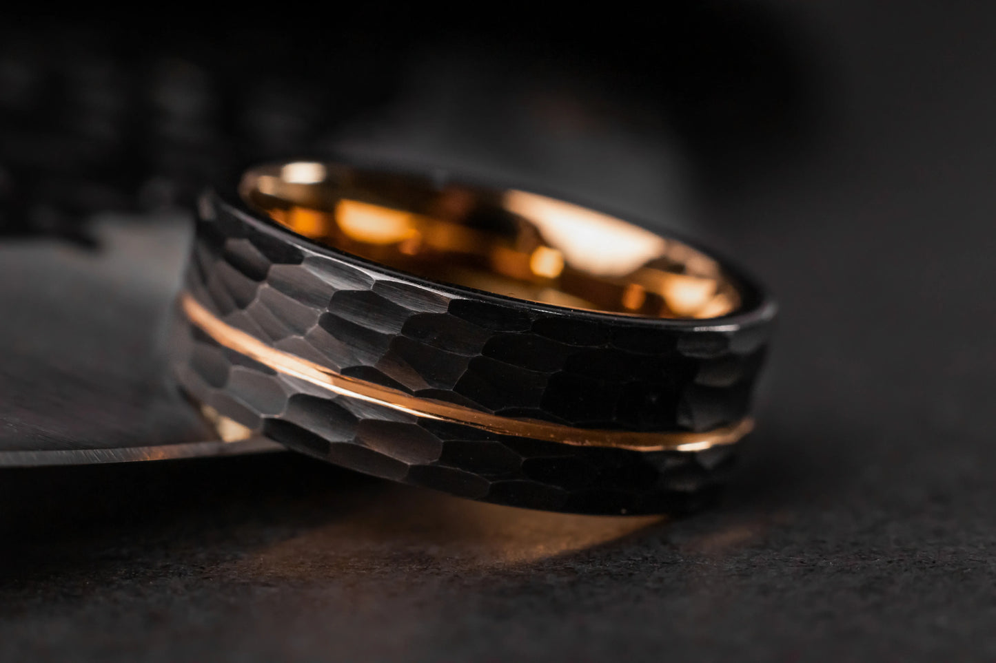 The Canopus: Hammered Black Tungsten with Rose Gold Core