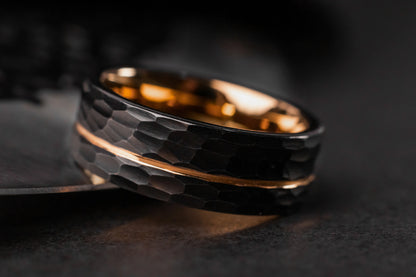 The Canopus: Hammered Black Tungsten with Rose Gold Core