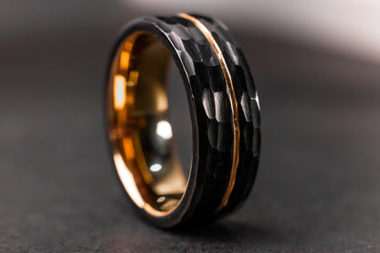 The Canopus: Hammered Black Tungsten with Rose Gold Core