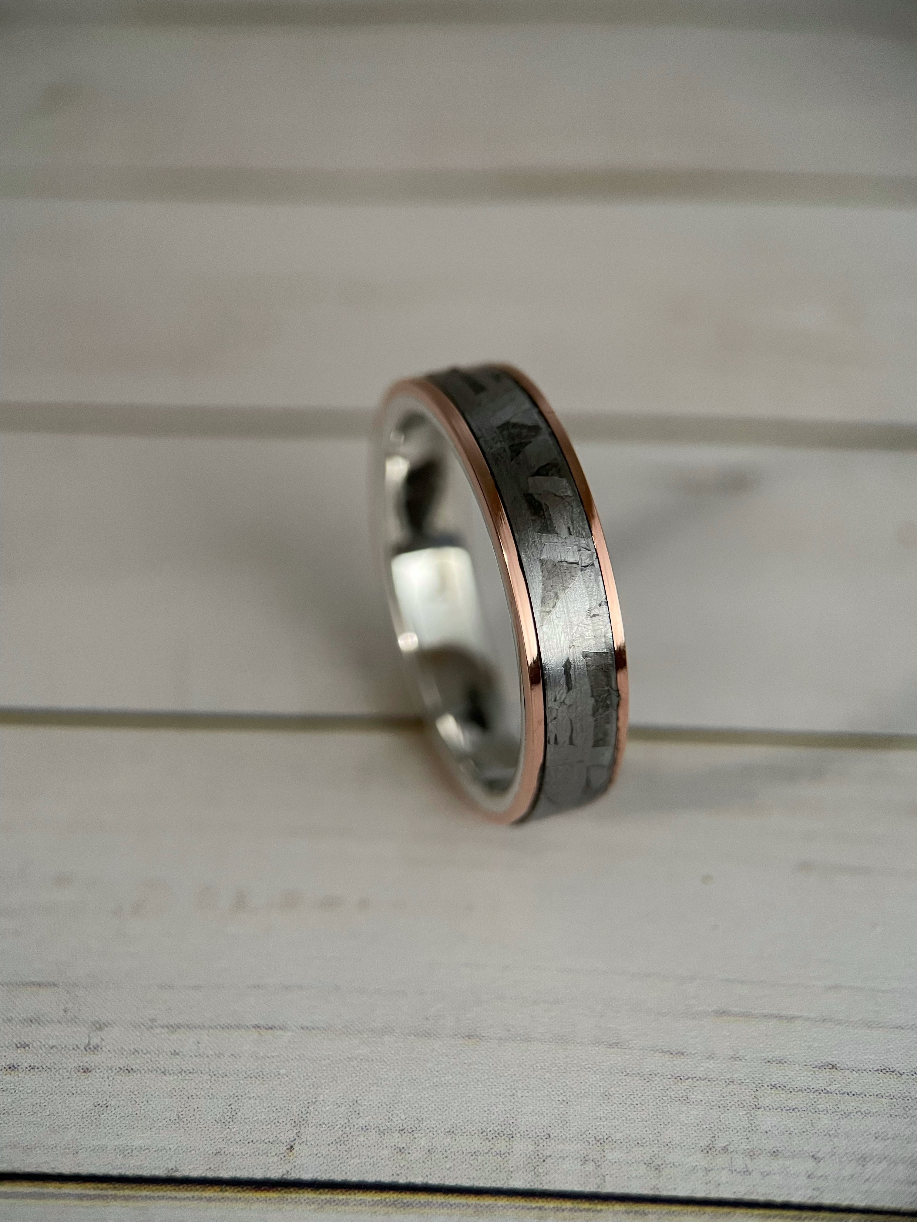 The Cassiopeia: Muonionalusta Meteorite, Sterling Silver, and Tellurium Copper Ring