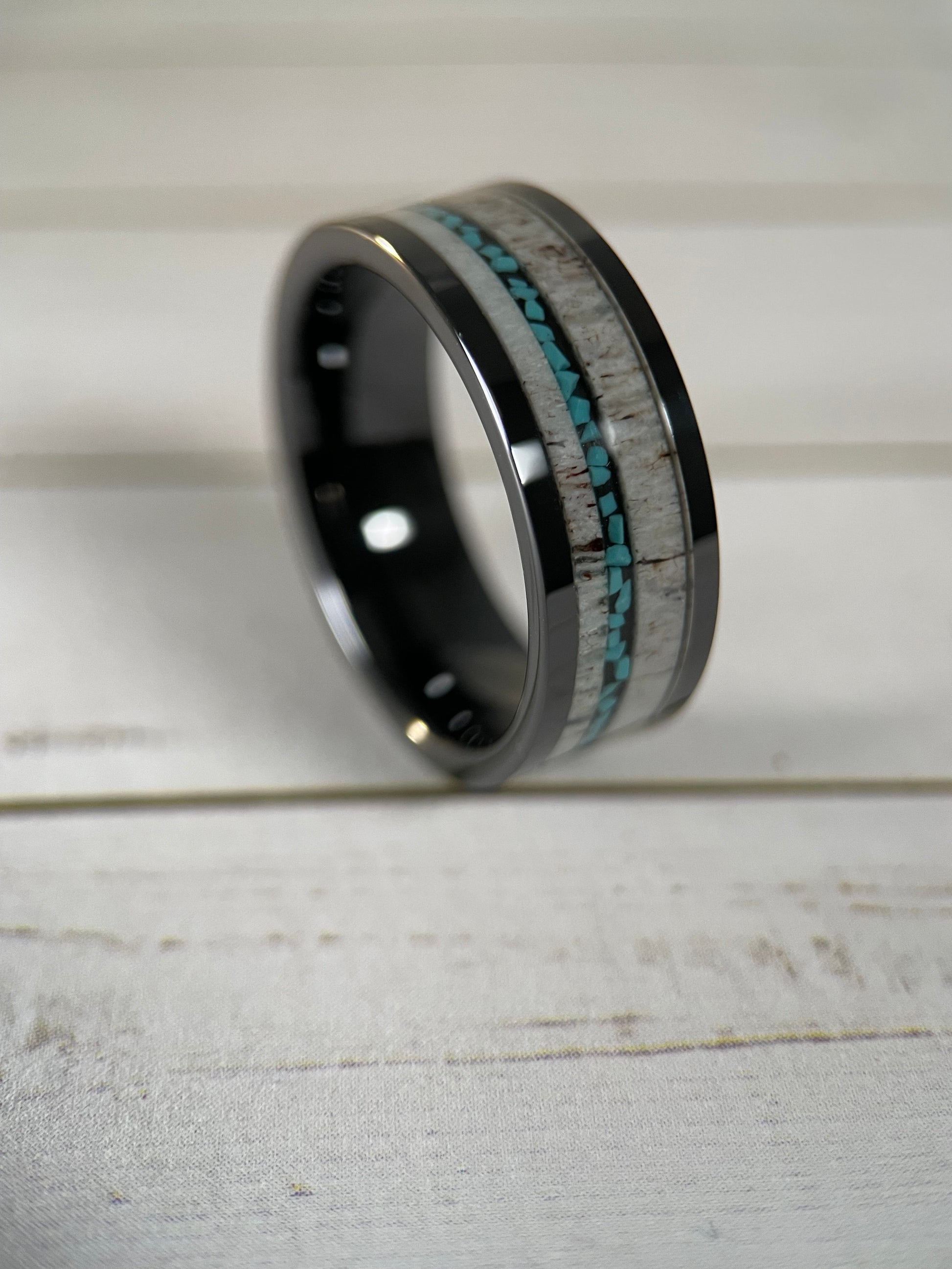 The Artemis : Antler and Turquoise in Black Tungsten Regalia Rings