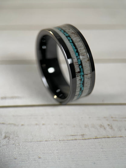 The Artemis : Antler and Turquoise in Black Tungsten Regalia Rings