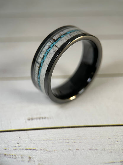 The Artemis : Antler and Turquoise in Black Tungsten Regalia Rings