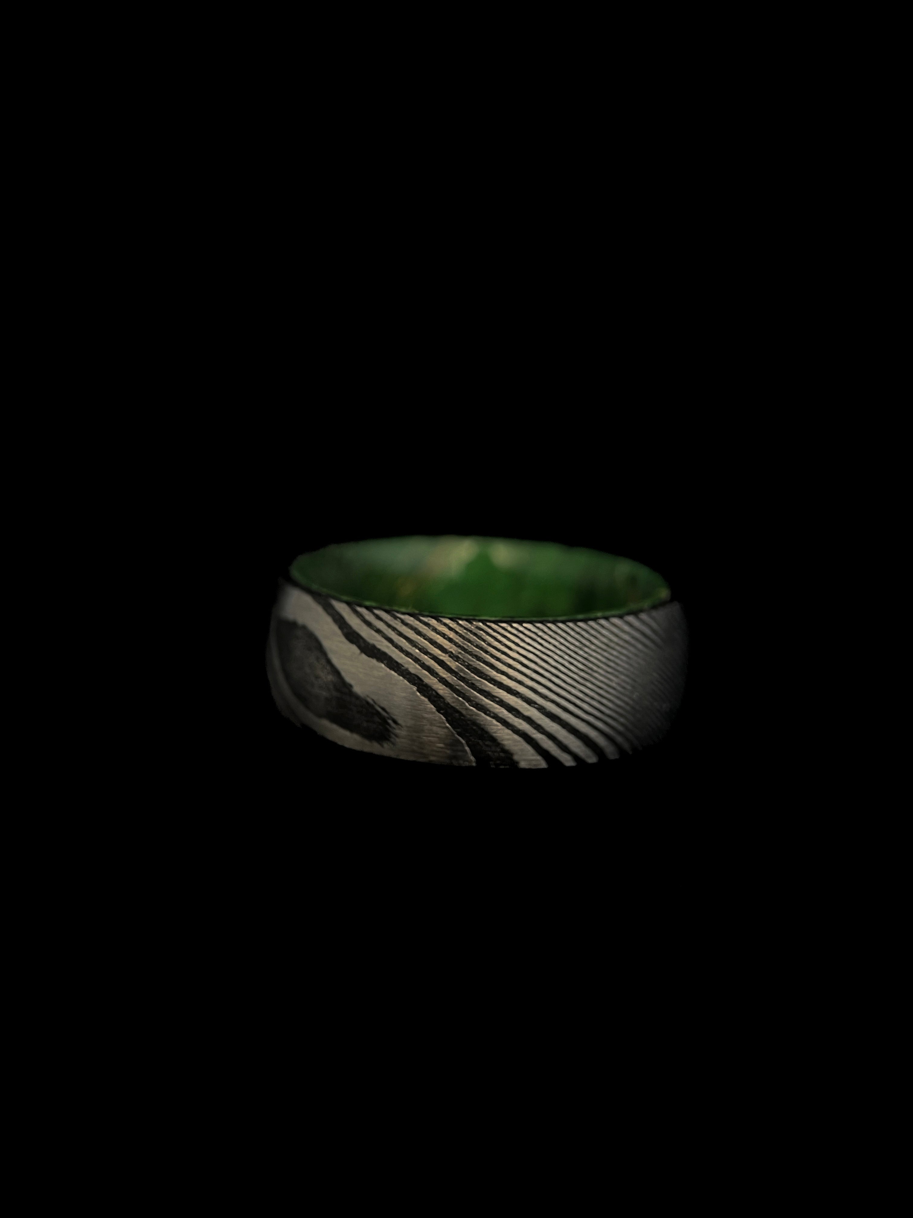 The Iris: Damascus Steel and Green Alder Wood Inner Sleeve Ring of Unity