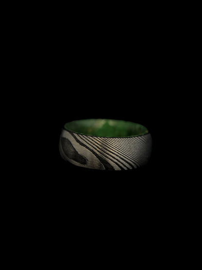 The Iris: Damascus Steel and Green Alder Wood Inner Sleeve Ring of Unity Regalia Rings