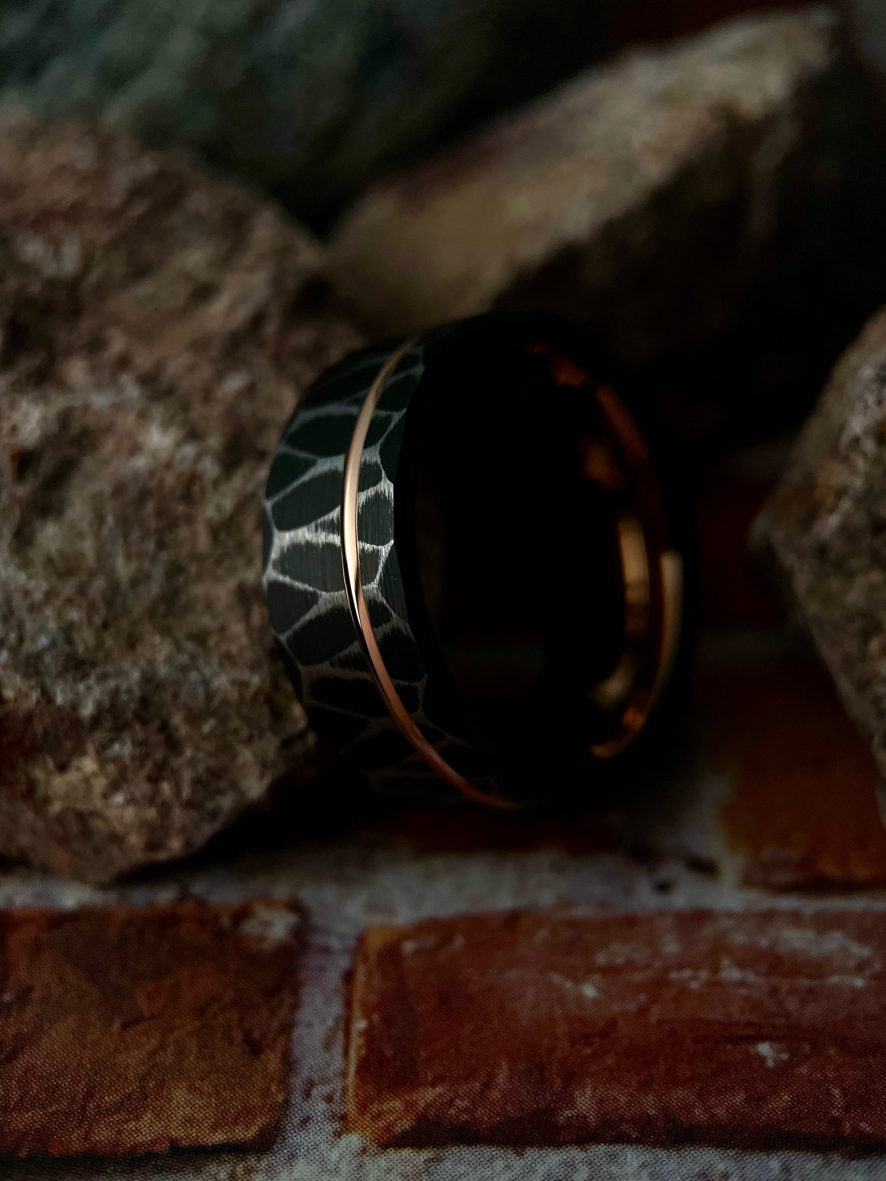Vega’s Brilliance: Black Tungsten Ring with Rose Gold Accents