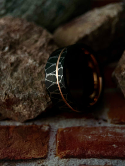 Vega’s Brilliance: Black Tungsten Ring with Rose Gold Accents Regalia Rings
