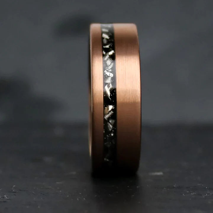 18k Rose Gold Tungsten Carbide - inlay Gibeon Meteorite. Size 8