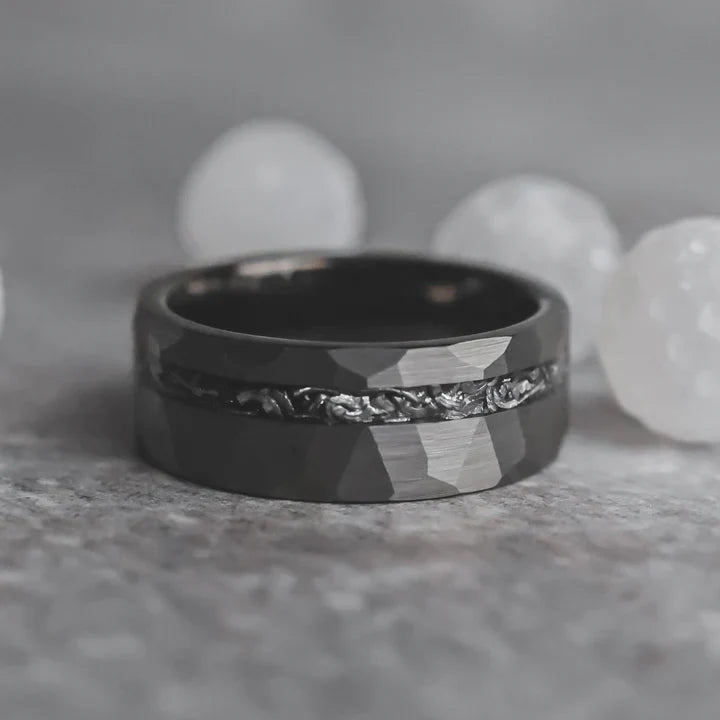 Black Hammered Tungsten with Meteorite Shaving