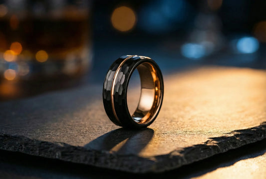 The Canopus: Hammered Black Tungsten with Rose Gold Core
