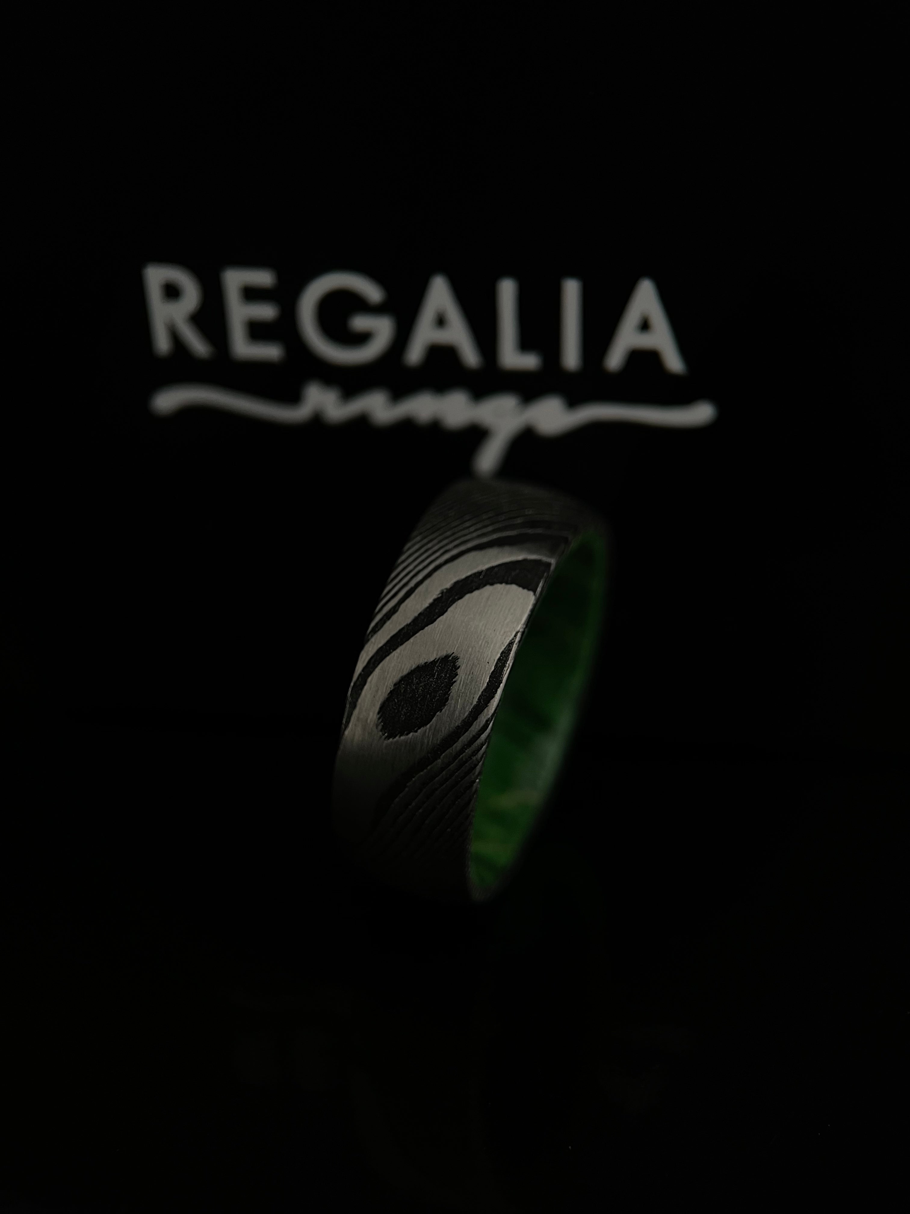 The Iris: Damascus Steel and Green Alder Wood Inner Sleeve Ring of Unity