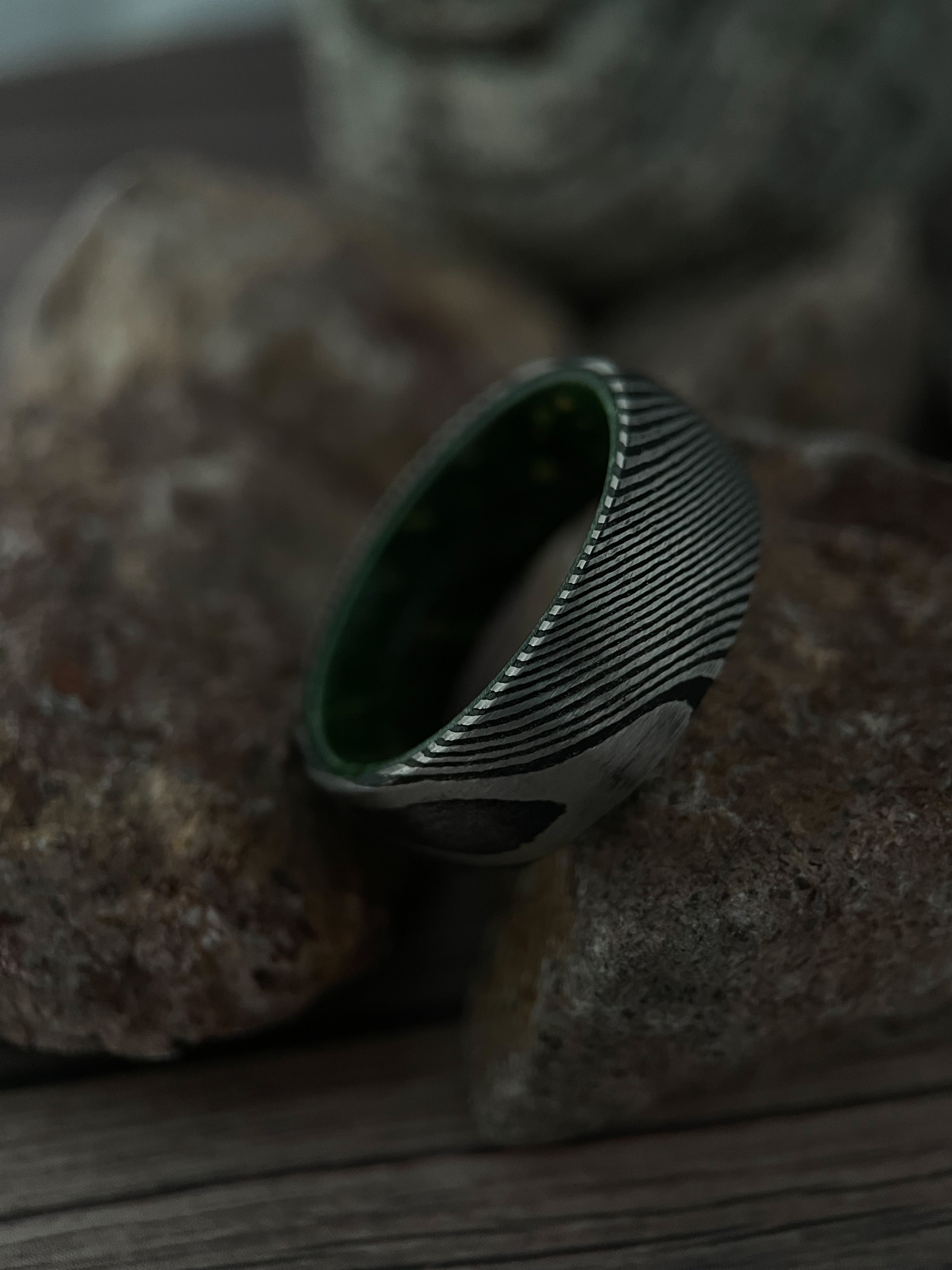The Iris: Damascus Steel and Green Alder Wood Inner Sleeve Ring of Unity