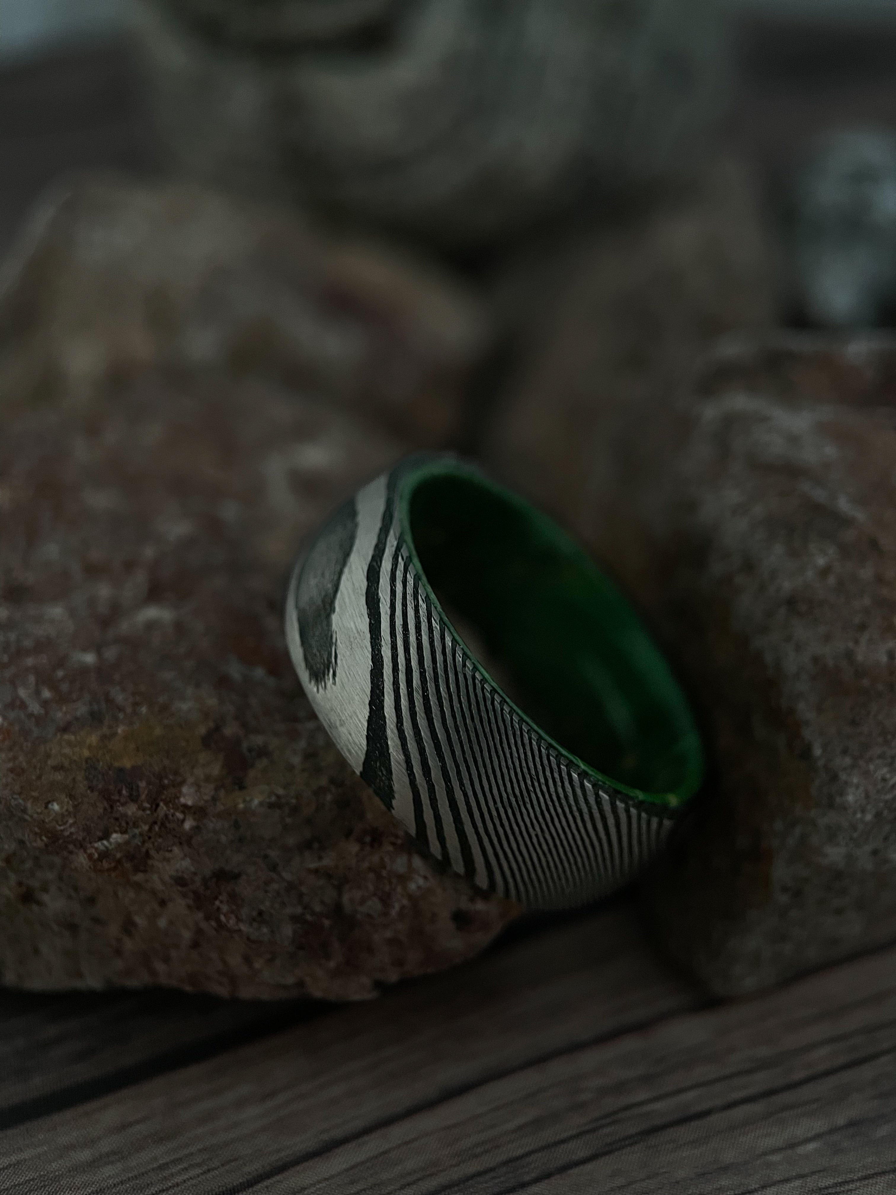 The Iris: Damascus Steel and Green Alder Wood Inner Sleeve Ring of Unity