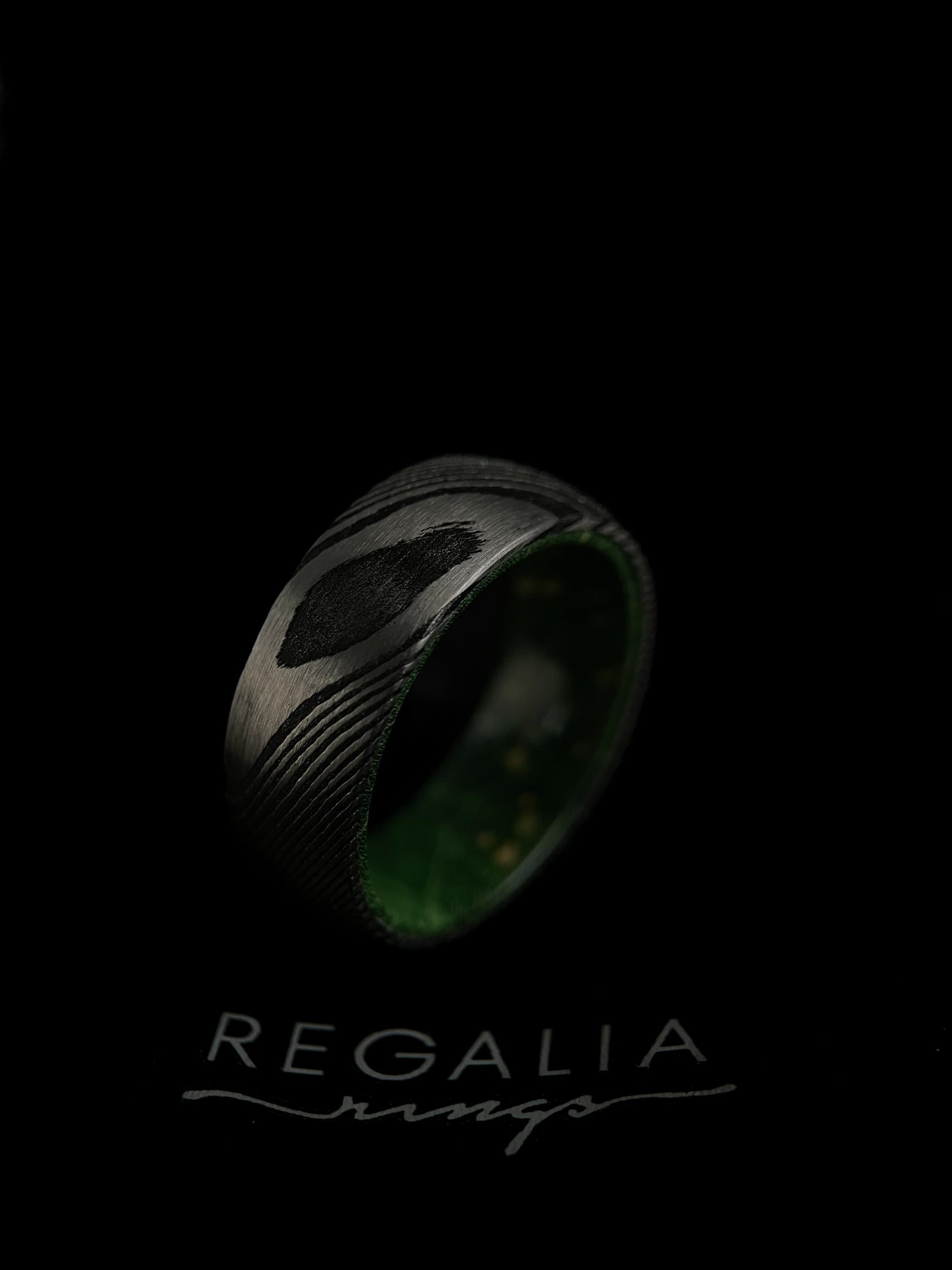 The Iris: Damascus Steel and Green Alder Wood Inner Sleeve Ring of Unity Regalia Rings