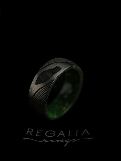 The Iris: Damascus Steel and Green Alder Wood Inner Sleeve Ring of Unity Regalia Rings