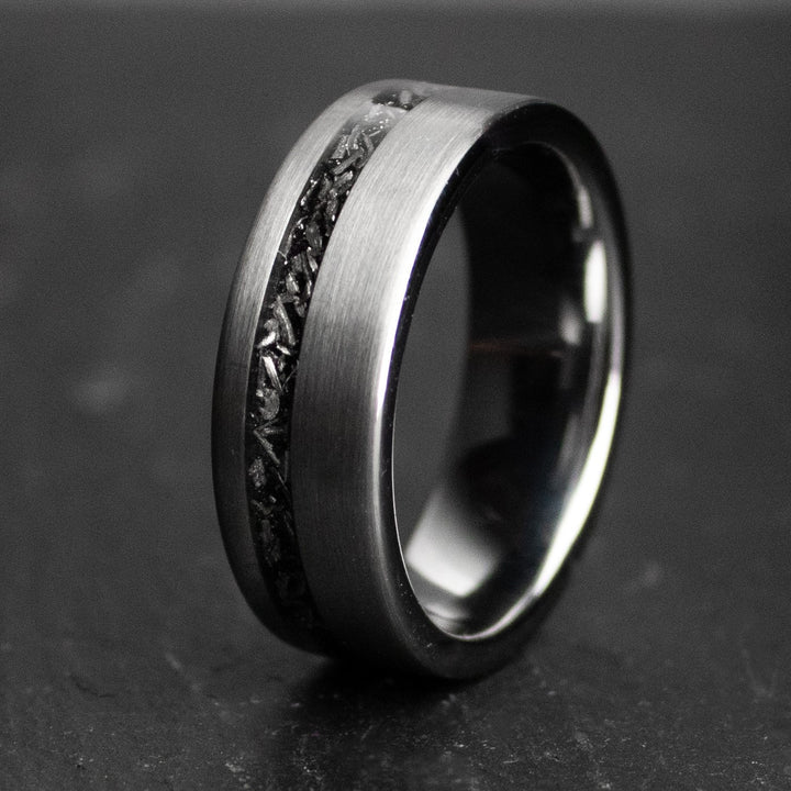 Brushed Tungsten Carbide and meteorite inlay.