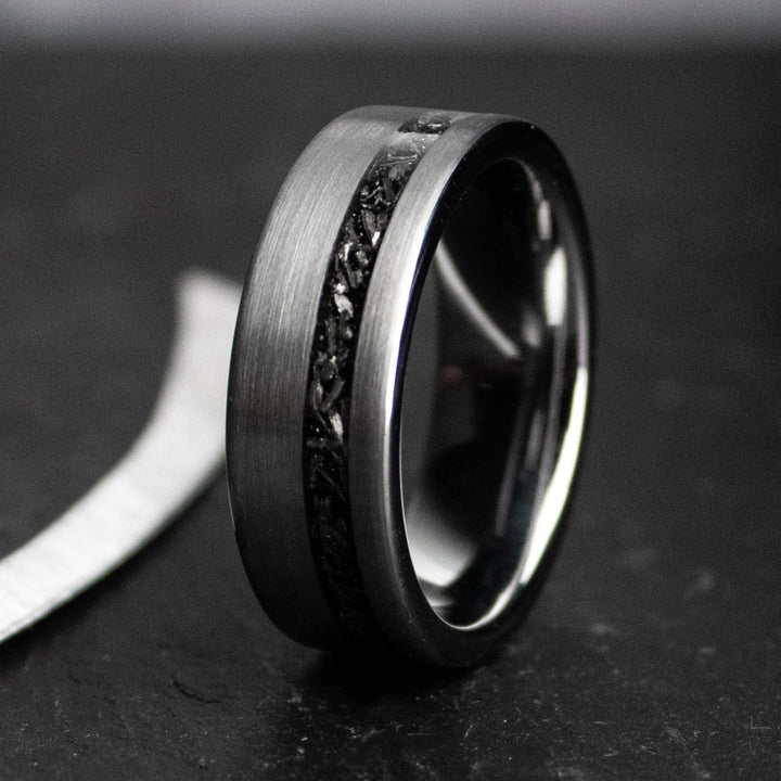 Brushed Tungsten Carbide and meteorite inlay.