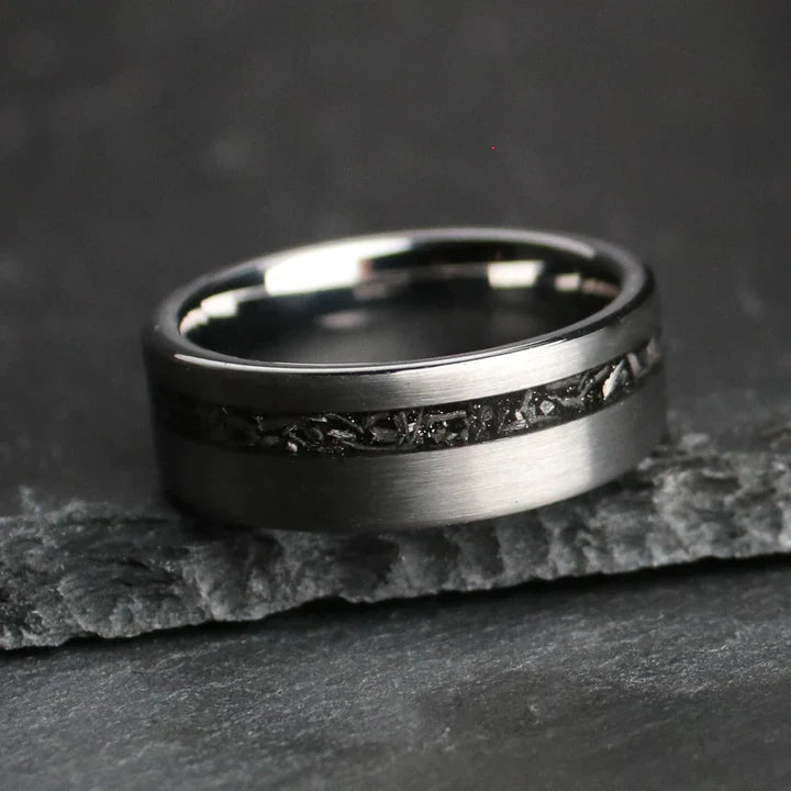 Brushed Tungsten Carbide and meteorite inlay.