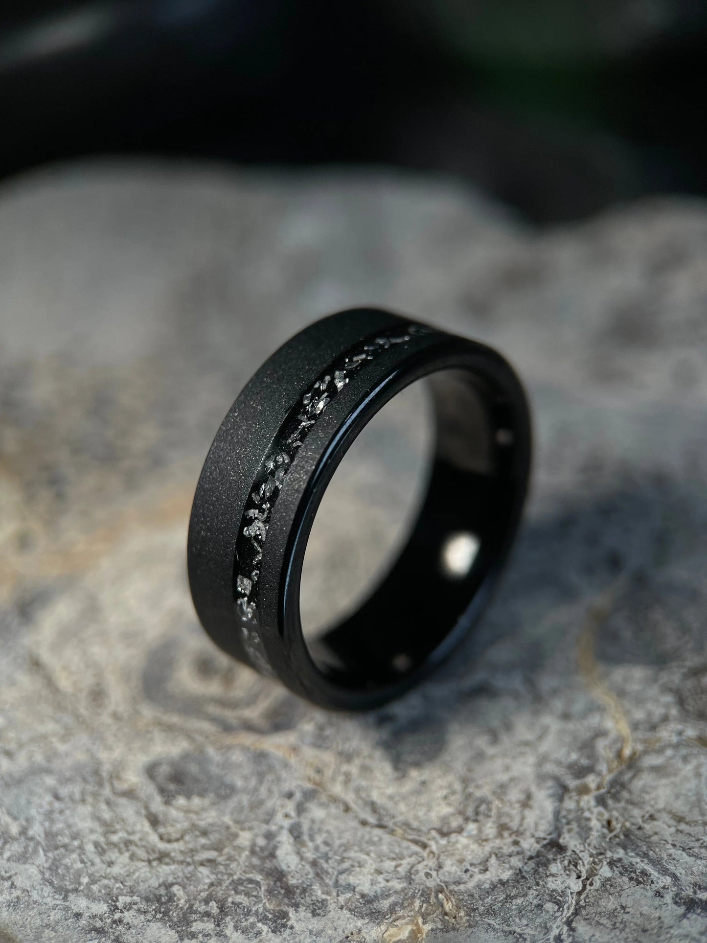 Sirius Flame: Sandblasted Tungsten with Muonionalusta Meteorite Inlay Regalia Rings