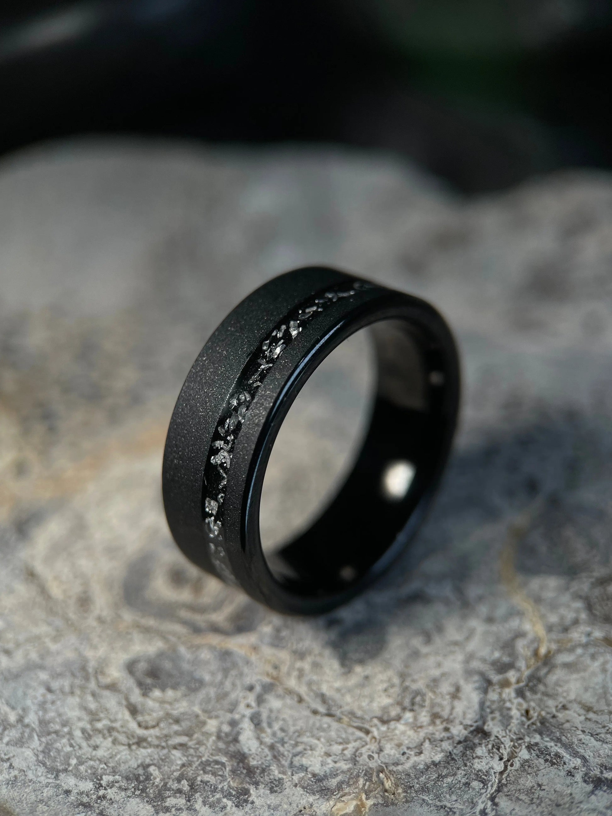 Sirius Flame: Sandblasted Tungsten with Muonionalusta Meteorite Inlay Regalia Rings