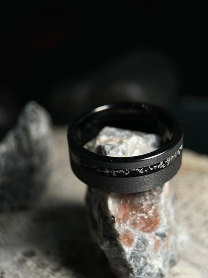 Sirius Flame: Sandblasted Tungsten with Muonionalusta Meteorite Inlay Regalia Rings