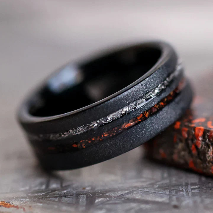 Sandblasted black Tungsten Carbide, Gibeon Meteorite, T-Rex Bone