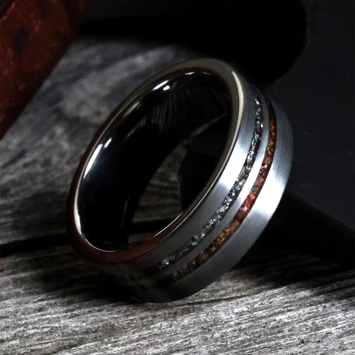 Tungsten Inlaid with authentic T-Rex Dinosaur bone, and Gibeon Meteorite